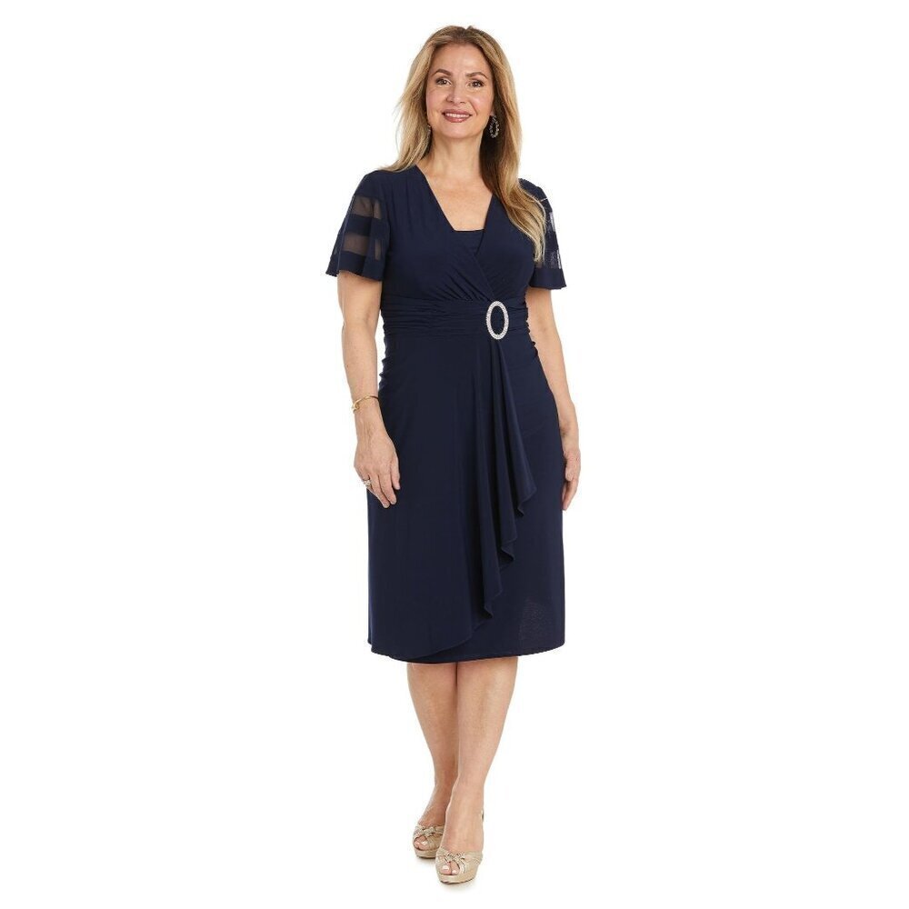 NWT SZ 10 R&M Richards Knee-Length Faux Wrap Dress Sheer Stripe Sleeves Buckle